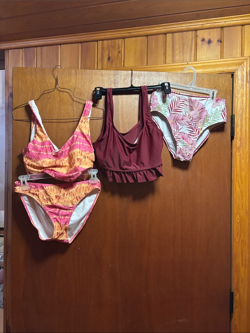 Four pieces Womens Bikini Tops and Bottoms - Tropical Pink, Maroon, Leaf Print
